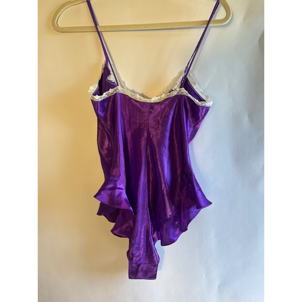 Vintage Victorias Secret Gold Label Purple Satin Lace Ruffle Bodysuit Size P XS - Picture 2 of 6